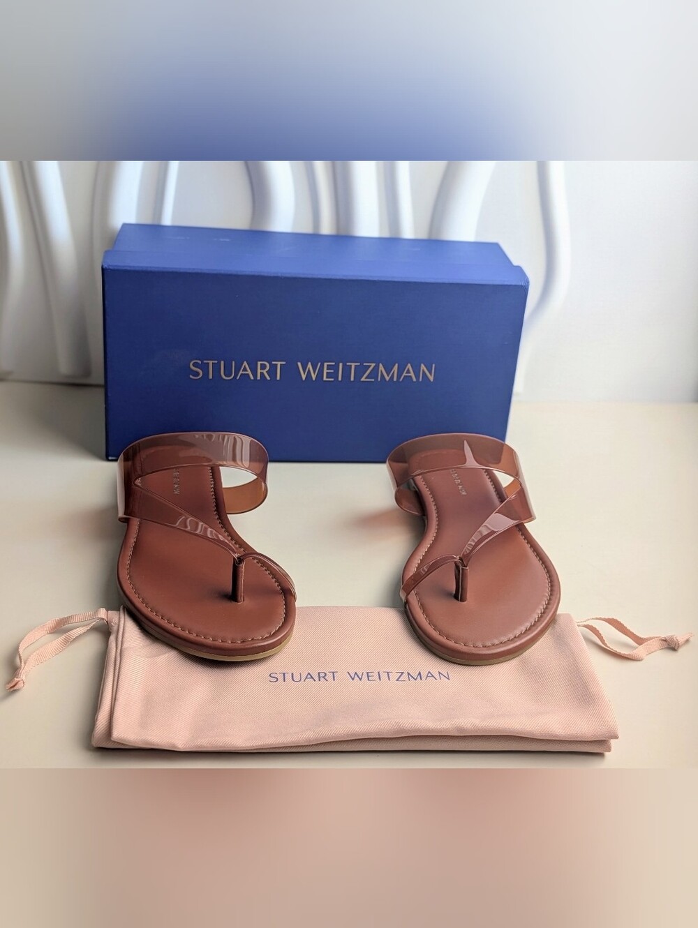 Stuart Weitzman Remy Brownstone PVC Toe Strap Slide Sandals Size 8 NIB